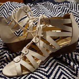 White and gold lace up wedges